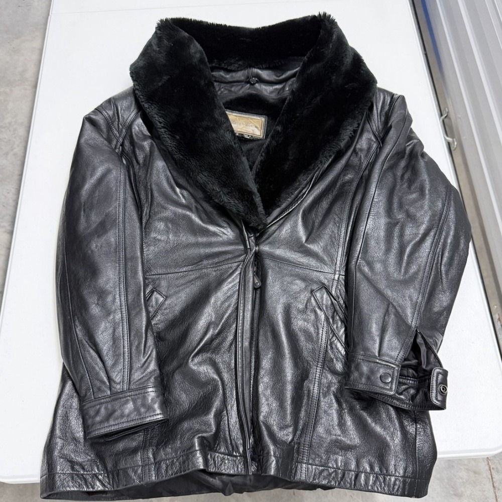 Alamo Uomo Leather Jacket Mens Medium Black Excellent Fur Collar Zip Coat